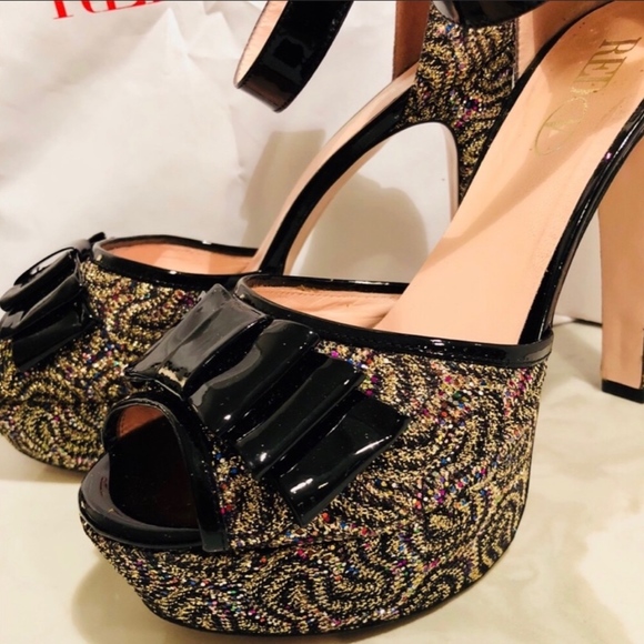 Valentino Red Glitter Peep Toe Pump Platform Heels - Picture 2 of 6